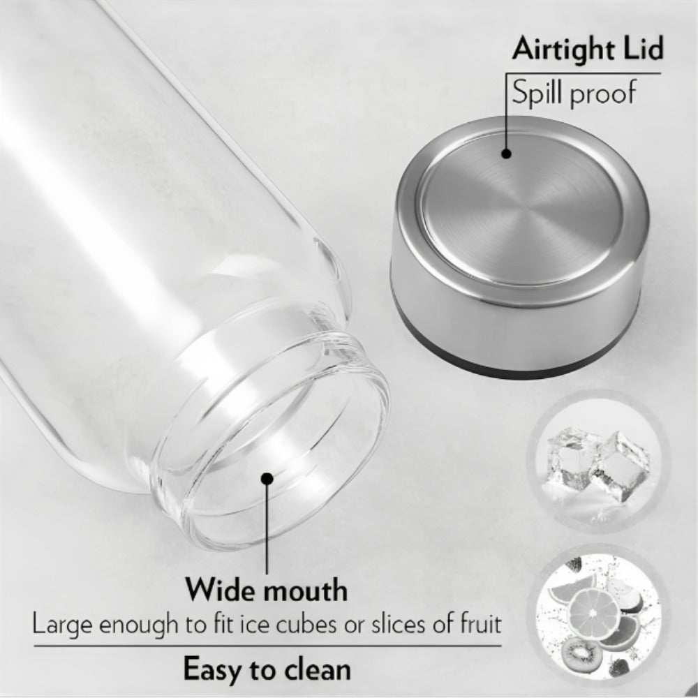 Borosil Neo Slim 550 ML Borosilicate Glass Bottle with Stainless Steel Lid | 1 Pc | Silver OR Black Lid