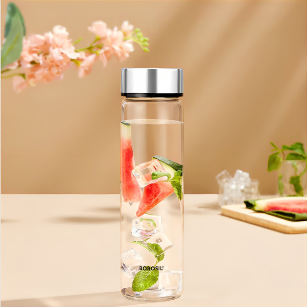 Borosil Neo Slim 550 ML Borosilicate Glass Bottle with Stainless Steel Lid | 1 Pc | Silver OR Black Lid