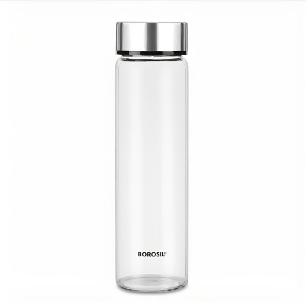 Borosil Neo Slim 550 ML Borosilicate Glass Bottle with Stainless Steel Lid | 1 Pc | Silver OR Black Lid