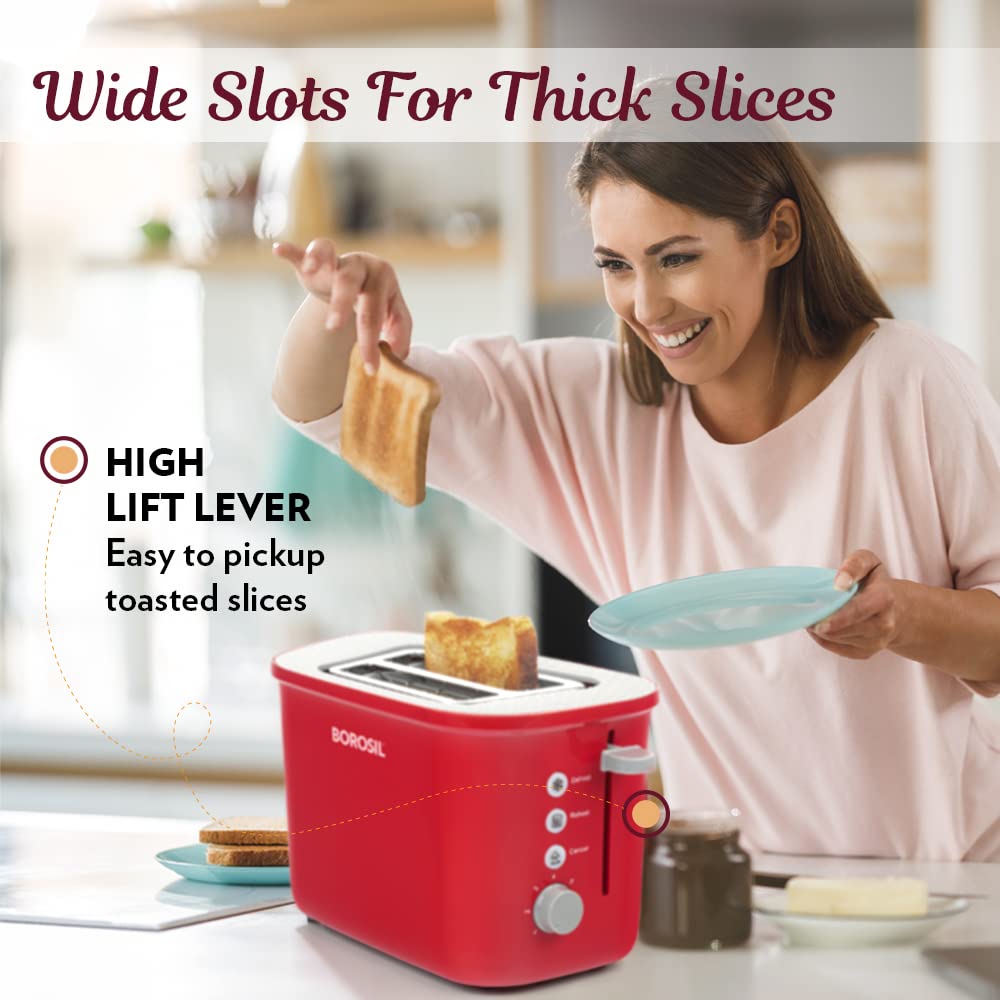 Borosil Krispy 800 Watt Pop-Up Toaster | Red