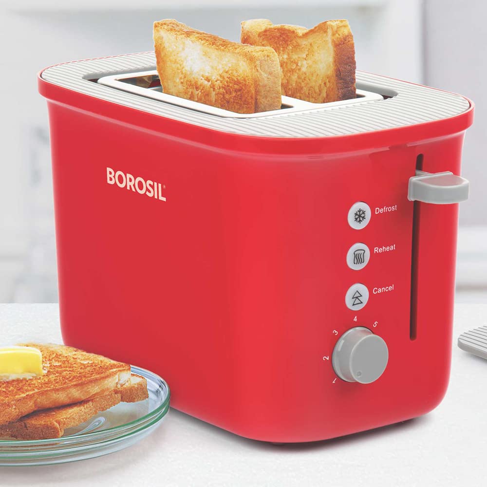 Borosil Krispy 800 Watt Pop-Up Toaster | Red