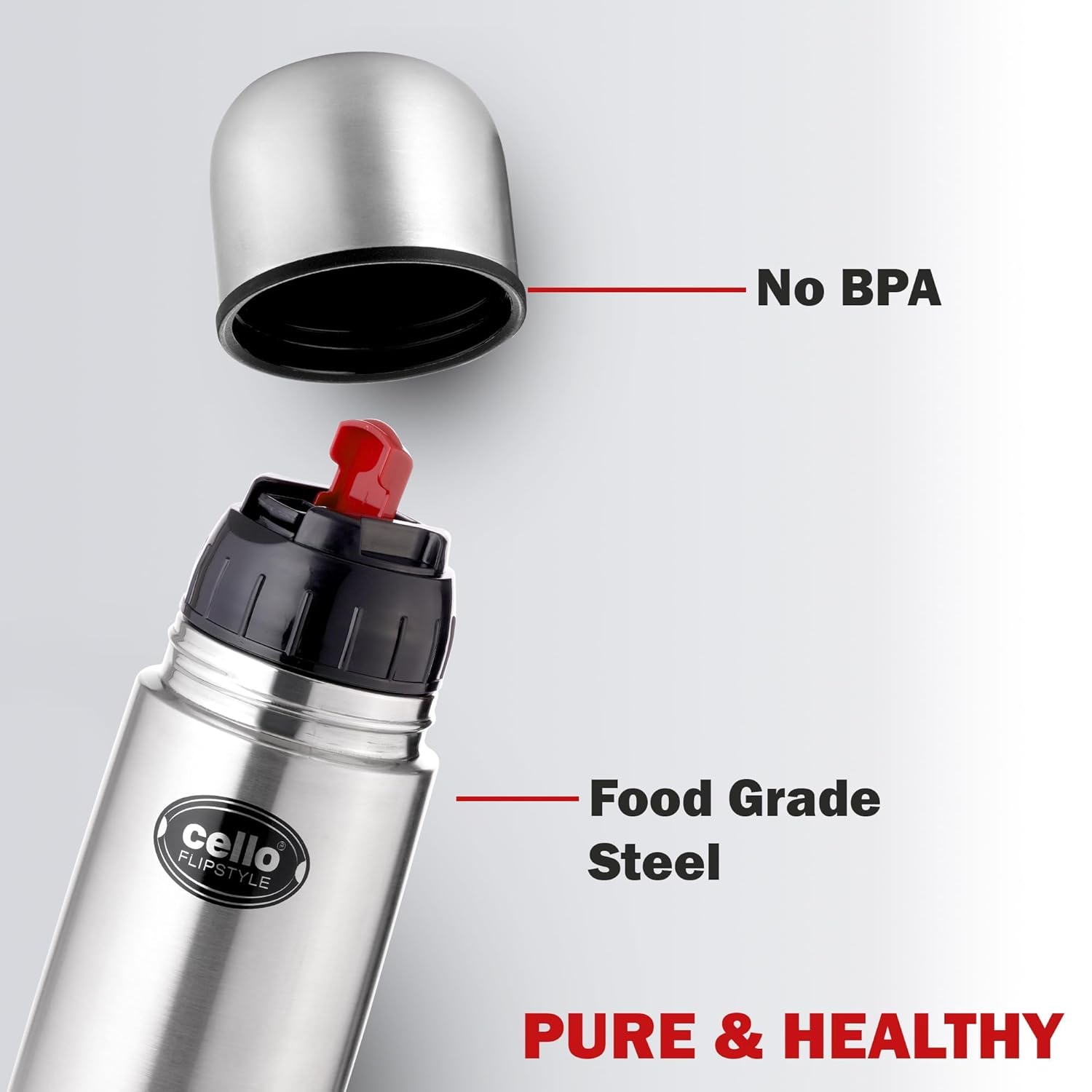 Cello Flip Style Stainless Steel Bottle with Thermal Jacket, Silver