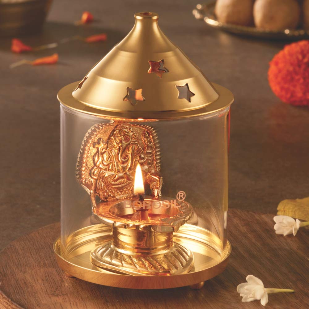 Borosil Shree Ganpati Large Brass Diya with Heat Resistant Glass Cover | Smokeless Long Burning Oil Lamp for Puja, Home Temple & Festivals | Easy Clean Brass Table Diya