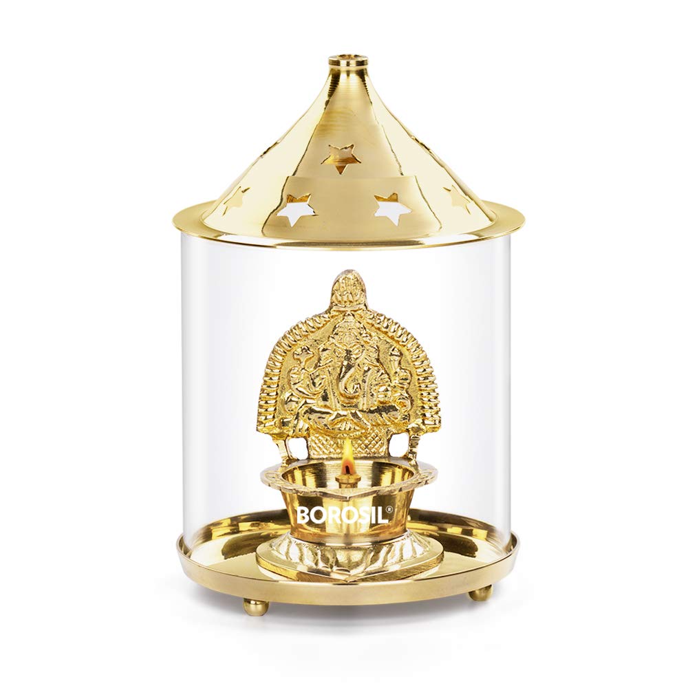 Borosil Shree Ganpati Large Brass Diya with Heat Resistant Glass Cover | Smokeless Long Burning Oil Lamp for Puja, Home Temple & Festivals | Easy Clean Brass Table Diya