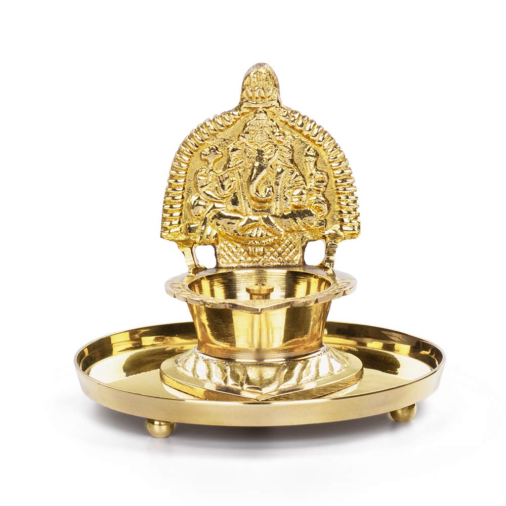 Borosil Shree Ganpati Large Brass Diya with Heat Resistant Glass Cover | Smokeless Long Burning Oil Lamp for Puja, Home Temple & Festivals | Easy Clean Brass Table Diya