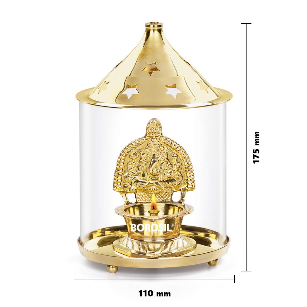 Borosil Shree Ganpati Large Brass Diya with Heat Resistant Glass Cover | Smokeless Long Burning Oil Lamp for Puja, Home Temple & Festivals | Easy Clean Brass Table Diya