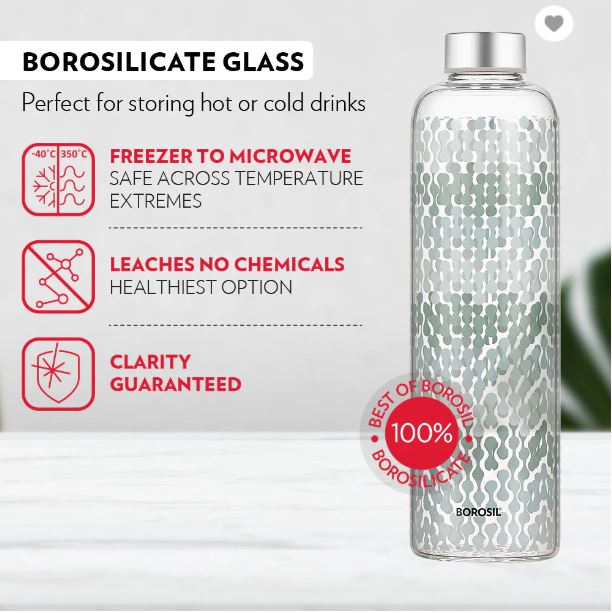 Borosil Artisan Series 550 ML Vista Glass Bottle with Silver Lid | 1 Pc